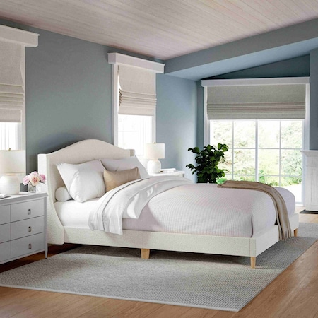 Martha Stewart Amelia King Upholstered Platform Bed with Curved Headboard and Siderails, Wood Slat Foundation TW-3WDB02-K-OWH-MS