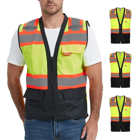 Protectx Class 2 Hi Vis Safety Vests, 6 Pockets, Zipper Front, Solid Back, Reflective, Green, 3PK SV-120SS4-GNBK03-L