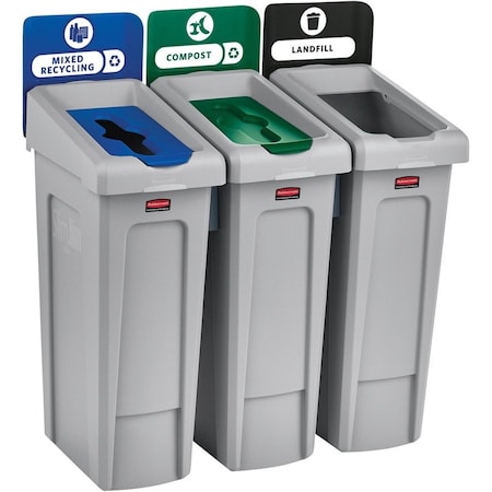 Rubbermaid Commercial Rubbermaid Slim Jim Recycling Station, LandfillMixed RecyclingCompost, 3 23 Gal Cap 2007918