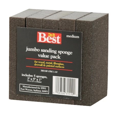 Do It Best Jumbo All-Purpose 3''x5''x1'' 80 Grit Medium Sanding Sponge, 5PK 380180