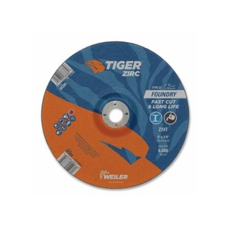 Weiler Tiger Grinding Wheel, 9 in dia x 1/4 in Thick x 7/8 in Arbor, 24 Grit, Zirconia Alumina, Type 27, 10PK 804-68384