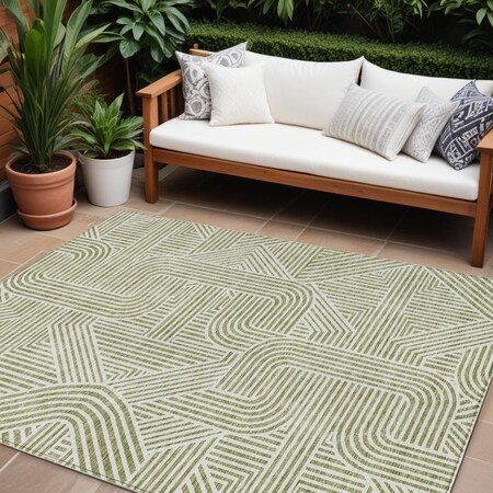 Homeroots 10' X 14' Artichoke Green And Ivory Abstract Washable Indoor Outdoor Area Rug 594898