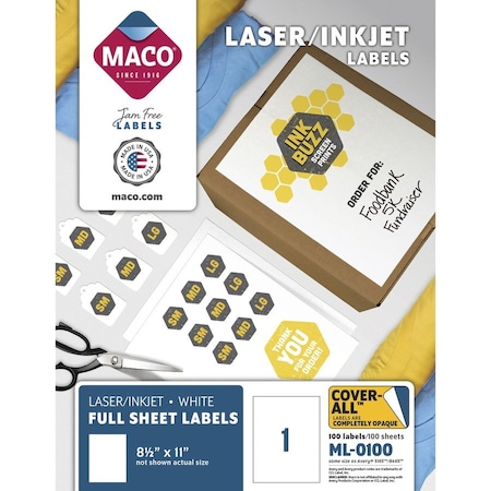 Maco Tag & Label Maco White All-Purpose Labels, 8 1/2 x 11, 100/Box ML0100