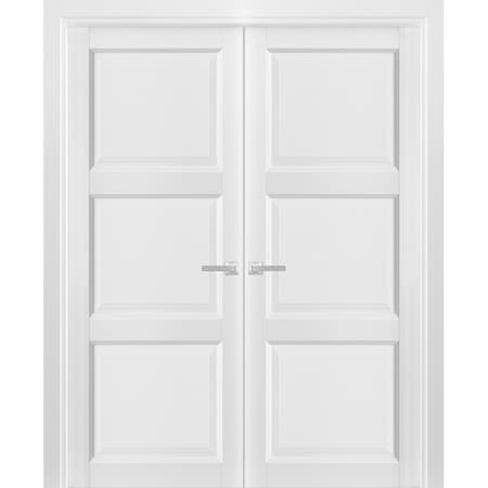 Sartodoors French Double Panel Solid Doors with Hardware, Lucia 2661 White Silk, Panel Frame Trims, Bathroom LUCIA2661DD-BEM-84 x 96 (2*42x96)-Butterfly