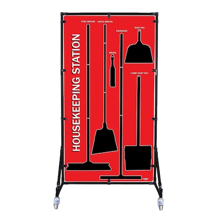 5S Supplies 5S Housekeeping Shadow Board Broom Station Version 3 - Red Board / Black Shadows With Broom HSB-V3-RED-KIT