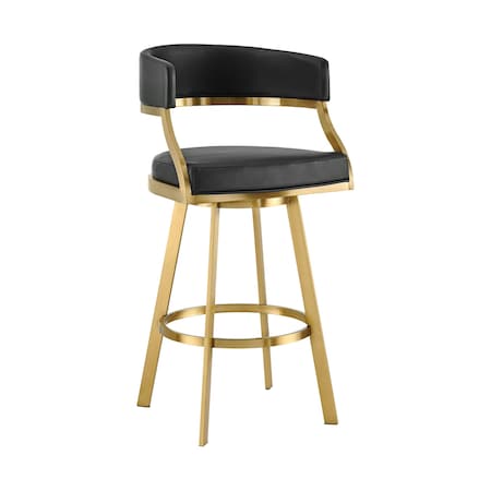 Armen Living Saturn 26in Swivel Counter Stool with Gold Brushed Stainless Steel and Black Faux Leather LCSNSWBABGLBLK26