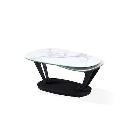Homeroots 36" White And Black Faux Marble And Metal Oval Coffee Table 554270