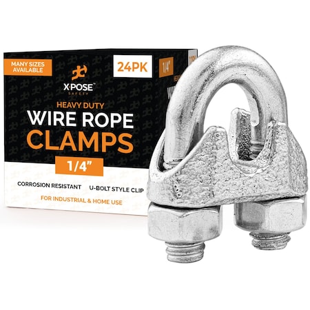 Xpose Safety Wire Rope Clamp for Stainless Steel 1/4in Galvanized U Bolt Cable Clips, 24PK GCC14-24-X-S