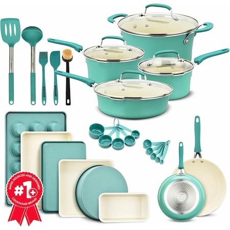 Bakken-Swiss 23Pc Cookware Set, Green Pots, Skillets, Bakeware, Reinforced Aluminum, Gas, Electric, Induction BKCWA23Q