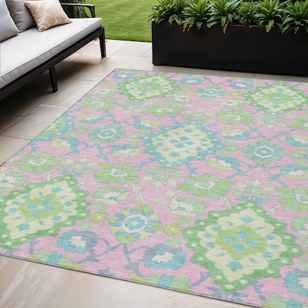 Homeroots 5' X 8' Pink Green And Blue Oriental Washable Indoor Outdoor Area Rug 597705