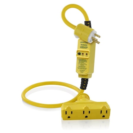 Leviton SJTW GFCI Extension Cord, 14 AWG, Outdoor, 14/3, 3 Outlets, 5-15R, Yellow, Polycarbonate, 5-15P GSCM1-3TC