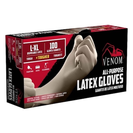 Venom Steel Disposable Gloves, 3 mil Palm, Latex, Powdered, L/XL, Clear VEN4125