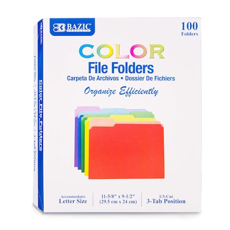 Bazic Products Letter Size Color File Folder, 1/3 Cut, 100PK 3149