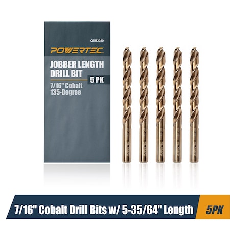 Powertec 7/16" Cobalt Drill Bits 5-35/64" Length, M35 HSS Jobber Length Twist Bits with 135 Deg Tip, 5PK QDB2020