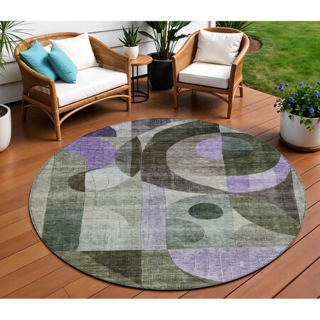Homeroots 8' Olive Green Purple And Gray Round Geometric Washable Indoor Outdoor Area Rug 604416