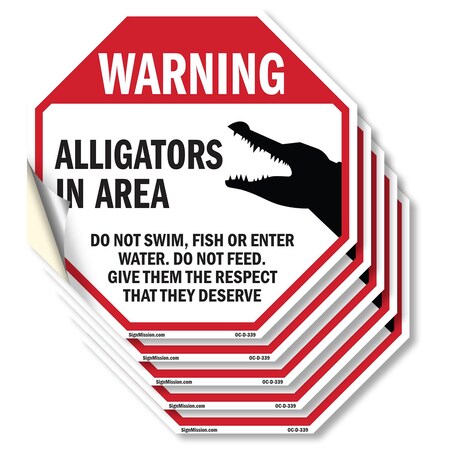 Signmission Warning Alligators in Area Do Not S, 6 inch X 6 inch, Vinyl Decal, 5PK OC-D-5PACK-6-339