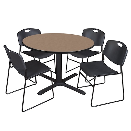 Regency Round Cain Breakroom Table W/ 4 Zeng Stack Chairs, 48 in W, 48 in L, Noble Oak TB48RNDNO44BK