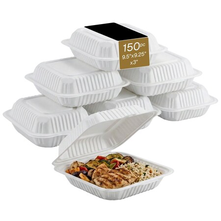 Eco Harmony Products Clamshell Hinged Food Storage Container, MFPP, Center Slide, 9.5" x 9.25", 150PK 804602
