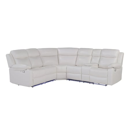 Homeroots Off White Faux Leather Reclining Curved Six Piece Sectional With LED And Console 643711