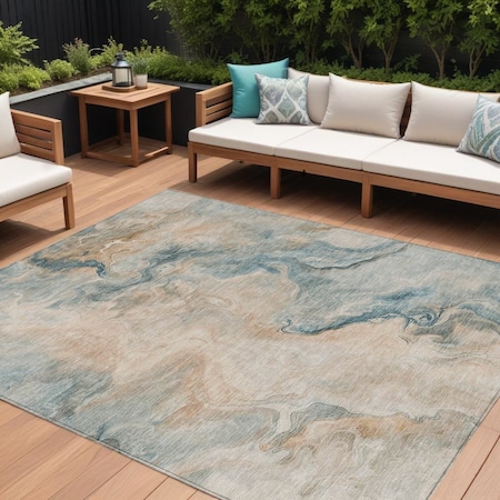 Homeroots 10' X 14' Teal Blue Coral And Ivory Abstract Washable Indoor Outdoor Area Rug 617589