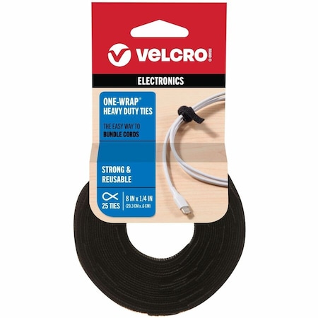 Velcro Brand Cable Tie, 8 in L, Black, Nylon, 40 lb Strength, 25 PK 91141
