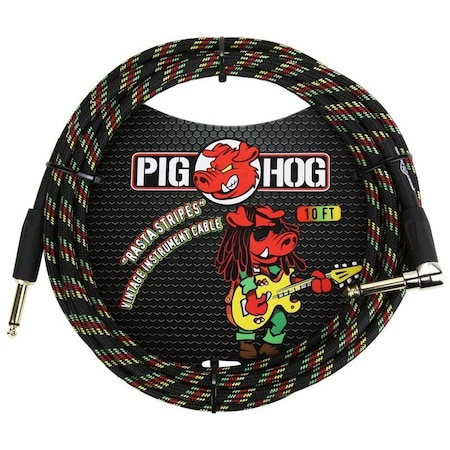 Pig Hog ''Rasta Stripes'' Woven Jacket Tour Grade Instrument Cable, 10-foot Right Angle PCH10RAR