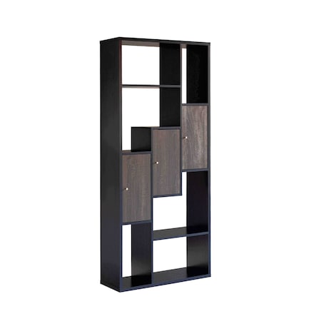 Homeroots 69" Black Wood Ten Tier Geometric Bookcase with Three Doors 630390