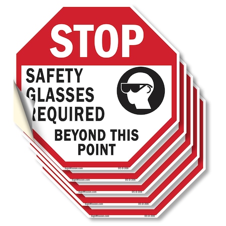Signmission Stop Safety Glasses Required Beyond, 6 inch X 6 inch, Vinyl Decal, 5PK OC-D-5PACK-6-308
