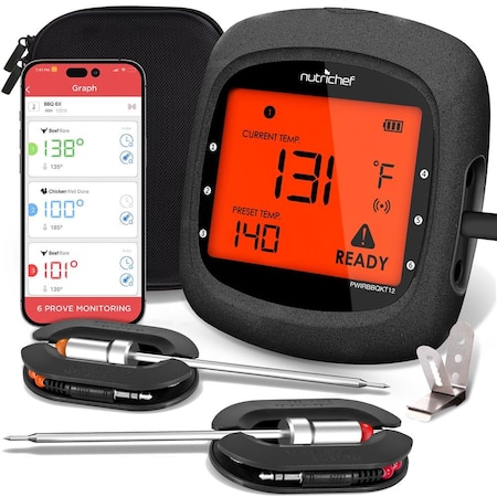 Nutrichef Smart Bluetooth BBQ Thermometer with Travel Zip Case, Upgraded Stainless w/ 2 Temperature Probes PWIRBBQKT12