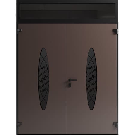 Vdomdoors Front Exterior Prehung Aluminum Double Doors Ronex1277 Brown Top Transom Mirrored Clear Glass Top RONEX1277DEXD-BRW-W72xH80+14-LH-I