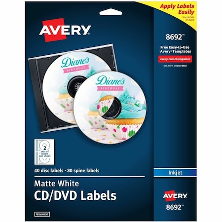 Avery Dennison Avery 8692 Inkjet CD/DVD Labels, Matte White, 40/Pack 8692