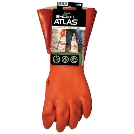 Showa Atlas Showa Coated Gloves, M, 12 in L, Gauntlet Cuff, PVC, Orange 620M-08.RT
