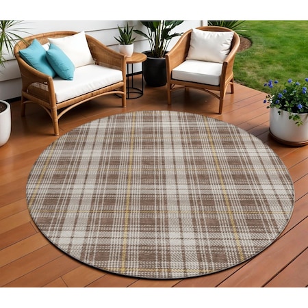 Homeroots 8' Brown Beige And Gold Round Plaid Washable Indoor Outdoor Area Rug 597095
