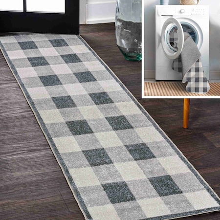 Jonathan Y Gingham Gradient Plaid Cottage Machine-Washable Light Gray/Dark Gray/Cream 2 ft. x 8 ft. Runner Rug WSH303A-28