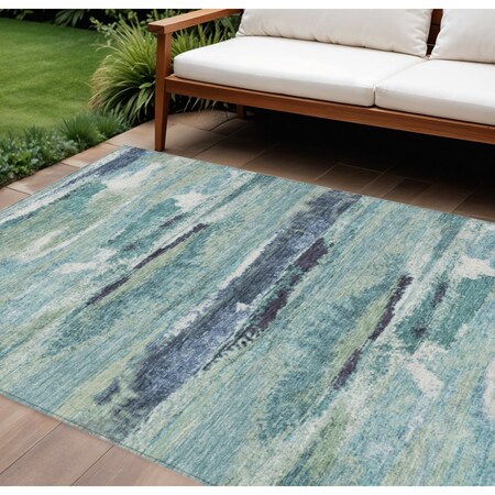 Homeroots 10' X 14' Sage Teal Blue And Navy Blue Abstract Washable Indoor Outdoor Area Rug 612484