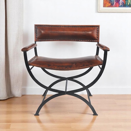 Homeroots 29" Brown and Black Metal And Genuine Leather Director's Chair 548250