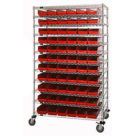 Global Industrial Chrome Wire Shelving with 66 4"H Plastic Shelf Bins Red, 48x24x74 269039RD