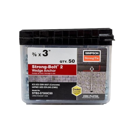 Simpson Strong-Tie Strong-Bolt 2 Wedge Anchor, 3/8 in Dia, 3 in L, Carbon Steel, Zinc Plated STB2-37300C50