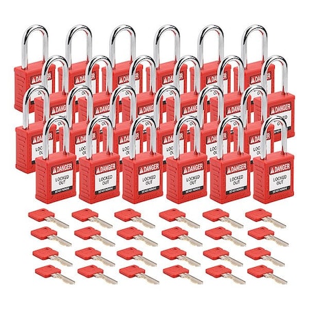 Brady Padlock, Keyed Different, Nylon, Red, 1 1/2 in Shackle Height, 1 1/2 in Body Width, 48 No. of Keys SDPL-RED-38ST-KD24