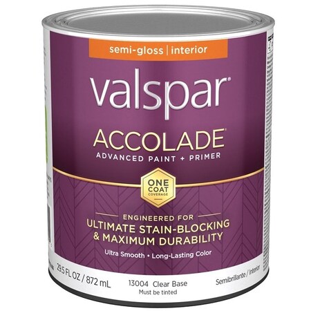Valspar Accolade 1300 Latex Paint, Acrylic Base, Semi-Gloss, Clear Base, 1 qt, Plastic Can 028.0013004.005