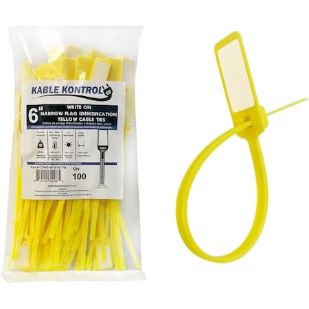Kable Kontrol Write On Zip Tie Tags, 6in L, 40 Lbs Strength, 1-3/8in x 5/8in Flag Size, 100Pcs, Yellow, 100PK CTWO-NF-6-40-YW