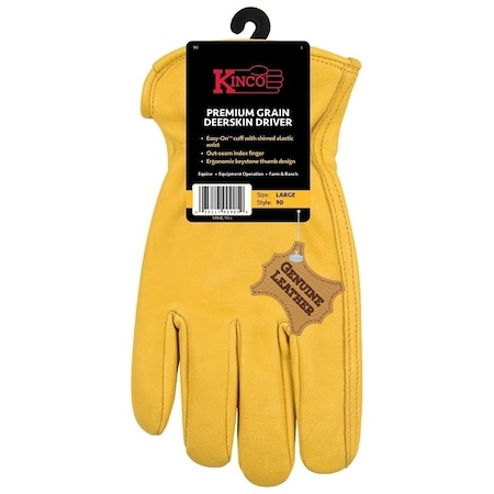 Kinco Driver Gloves, Men's, L, Keystone Thumb, EasyOn Cuff, Deerskin Leather, Gold 90-L