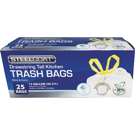 Steelcoat Diamond Flex 13 Gal. Fresh Linen Tall Kitchen White Drawstring Trash Bag, 25-Count FG-P9921-45