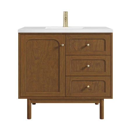 James Martin Vanities Laurent 36" Sgl Vanity, Honey Oak w/ Sgl Hole 3 CM White Zeus Silestone Top and Matching Backsplash 545-V36-HNO-1WZ