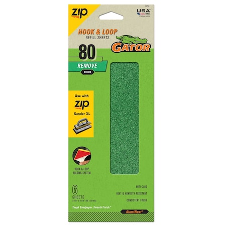 Gator Finishing Zip Sander XL Hook and Loop Refill Sheets, 80 Grit, 6PK 7242