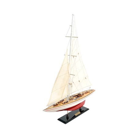 Homeroots 32" Red and White Solid Wood Hand Painted p-Oxybis(benzenesulfonyl hydrazide) Model Boat 402003