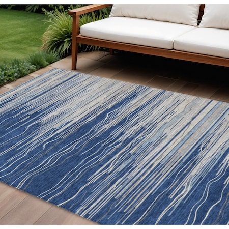 Homeroots 10' X 14' Navy Blue Gray And Ivory Striped Washable Indoor Outdoor Area Rug 597270