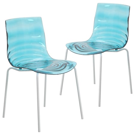 Leisuremod Astor Plastic Dining Chair with White Steel Base in Transparent Blue, 2PK ACW-20TBU2