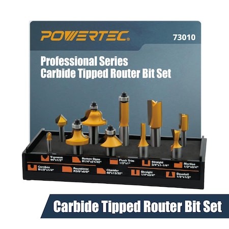 Powertec Carbide Tipped Router Bit Set, 1/2" and 1/4" Shank Router Bits, 10-Piece 73010