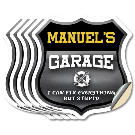 Signmission Manuel's Garage I Can Fix Everything But Stupid, 4 inch X 4 inch, Vinyl Decal, 5PK SHI-D-5PACK-4-490-MANUEL
